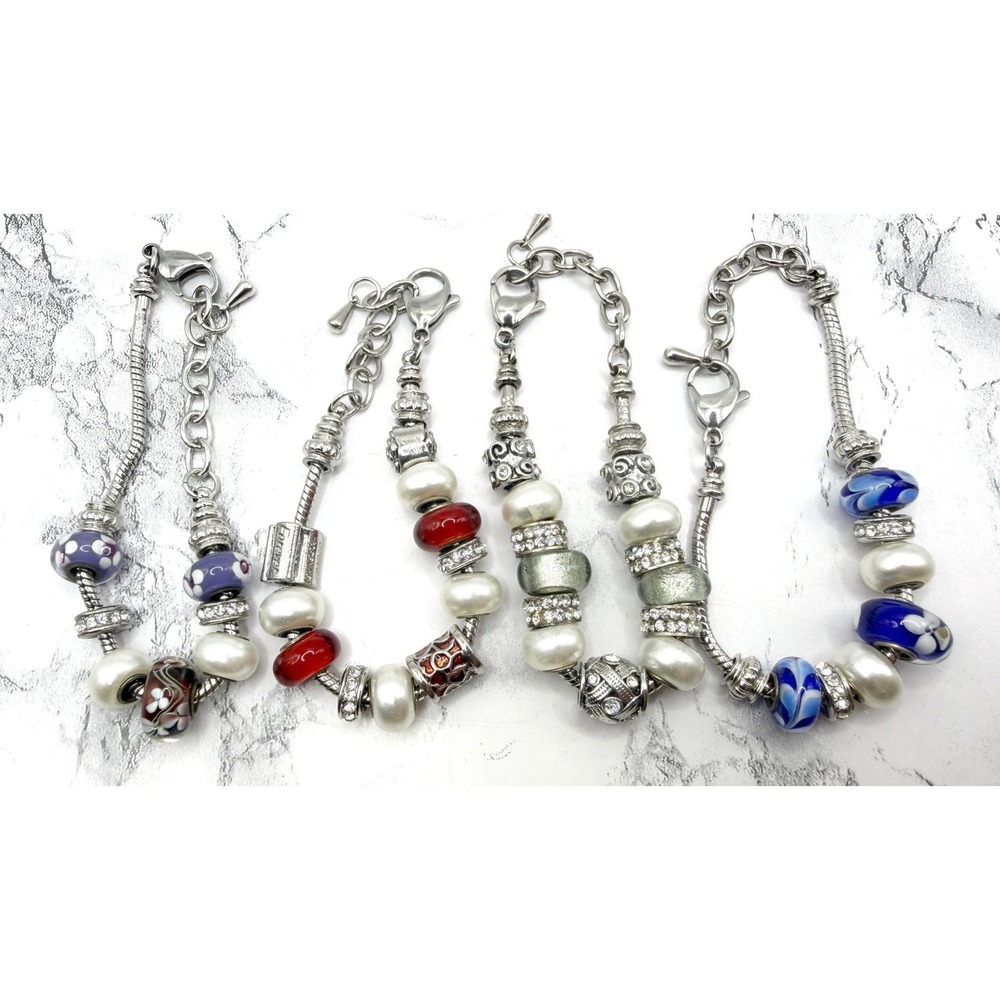 4pc Silver Tone Charm Bracelet Set Glass Beads Adjustable 6-8"‎